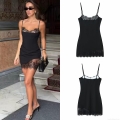 Women's Sexy Black Lace Patchwork Camisole Mini Dress Polyester V-Neck Backless Bodycon Party Clubwear Sleeveless High Waist Short Dress for Summer
