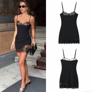 Women's Sexy Black Lace Patchwork Camisole Mini Dress Polyester V-Neck Backless Bodycon Party Clubwear Sleeveless High Waist Short Dress for Summer