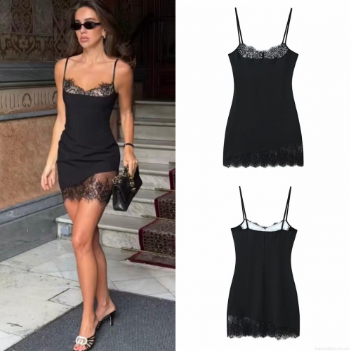 Women's Sexy Black Lace Patchwork Camisole Mini Dress Polyester V-Neck Backless Bodycon Party Clubwear Sleeveless High Waist Short Dress for Summer
