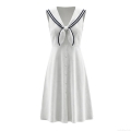 Women French Vintage Sailor Collar Dress Sleeveless White Midi A-Line Dress With Bow Knot Single Breasted Academy Style Summer Outfits For Ladies