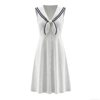 Women French Vintage Sailor Collar Dress Sleeveless White Midi A-Line Dress With Bow Knot Single Breasted Academy Style Summer Outfits For Ladies