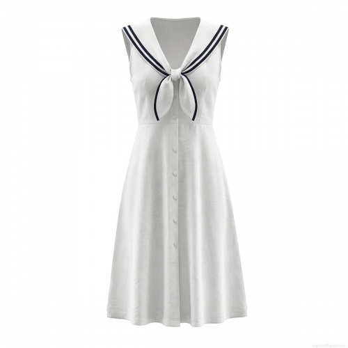Women French Vintage Sailor Collar Dress Sleeveless White Midi A-Line Dress With Bow Knot Single Breasted Academy Style Summer Outfits For Ladies