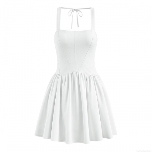 Women's Sexy Square Neck Mini Dress White Pleated Halter Camisole Sundress Backless Tie-Up Bow High Waist Sleeveless Polyester Cotton Blend Summer Beach Party Short Dress