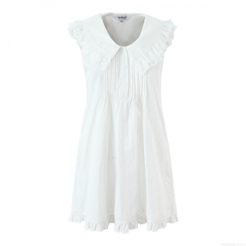 Women's 100% Modal Cotton Sleeveless Mini Dress With Lace Lapel And Ruffle Hem Lolita Style Sweet White Dress For Summer Casual Wear