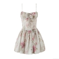 Women Sweet Sexy Rose Floral Mini Dress Bow Decor Backless A-Line Cami Dress 100% Polyester Sleeveless V-Neck Summer Party Clubwear Sundress
