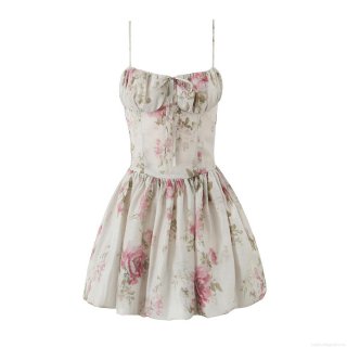 Women Sweet Sexy Rose Floral Mini Dress Bow Decor Backless A-Line Cami Dress 100% Polyester Sleeveless V-Neck Summer Party Clubwear Sundress