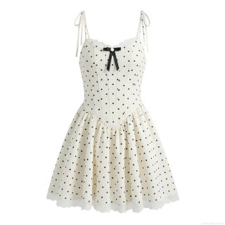 Women's French Elegant Polka Dot Mini Dress With Lace Trim And Black Bow Decoration Summer Sleeveless Camisole Slim Fit A-Line Dress For Vacation