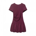 Women Sexy Wine Red Mini Dress 100% Polyester Short Sleeve Round Neck Ruched Balloon Hem Bodycon Style Party Date Night Fashion Dress