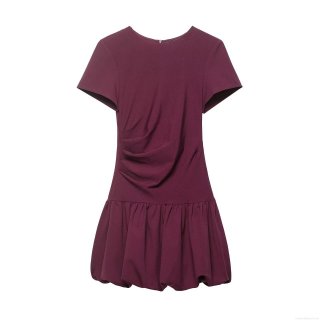 Women Sexy Wine Red Mini Dress 100% Polyester Short Sleeve Round Neck Ruched Balloon Hem Bodycon Style Party Date Night Fashion Dress