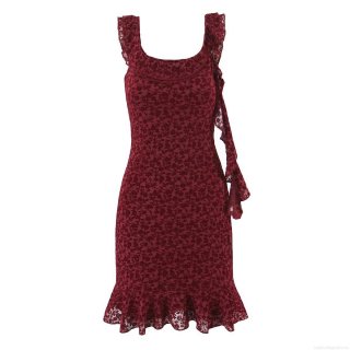 Sexy Burgundy Floral Flocking Lace Mini Dress With Ruffle Straps Square Neck Backless Bodycon Party Club Night Out Vintage Y2K Women Clothing