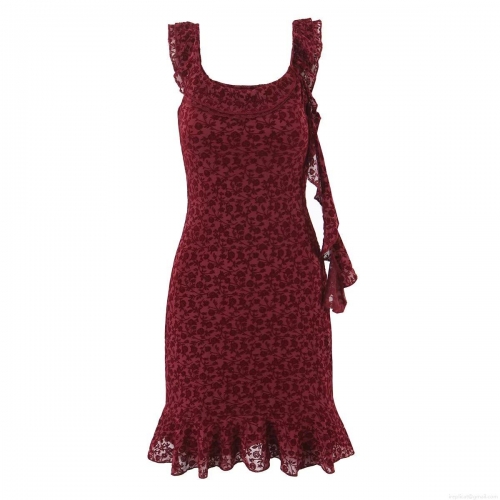 Sexy Burgundy Floral Flocking Lace Mini Dress With Ruffle Straps Square Neck Backless Bodycon Party Club Night Out Vintage Y2K Women Clothing