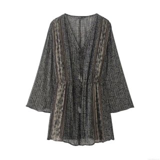 Women's V Neck Long Sleeve Bohemia Floral Print Mini Dress With Metallic Thread Tassel Drawstring Waist Retro Chiffon Party Dresses