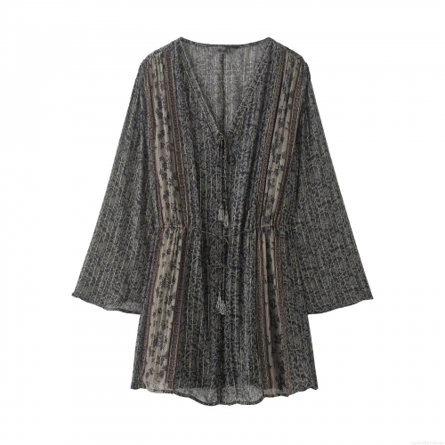 Women's V Neck Long Sleeve Bohemia Floral Print Mini Dress With Metallic Thread Tassel Drawstring Waist Retro Chiffon Party Dresses