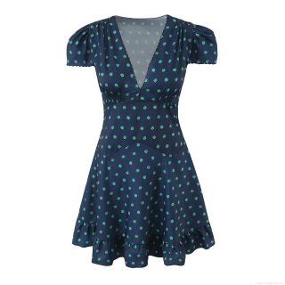 Women's Vintage Floral Mini Dress V-Neck Scalloped Edge Short Sleeve Smocked High Waist Ruffle Hem Polyester Dress For Summer Vacation Daily Sweet Style