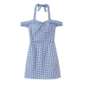 Sweet Blue White Gingham Halter Midi Dress 100% Cotton Bow Tie Off Shoulder Smocked Slim Fit Vacation Sun Dress For Women