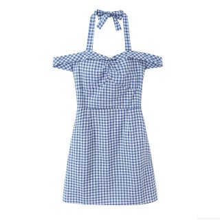 Sweet Blue White Gingham Halter Midi Dress 100% Cotton Bow Tie Off Shoulder Smocked Slim Fit Vacation Sun Dress For Women