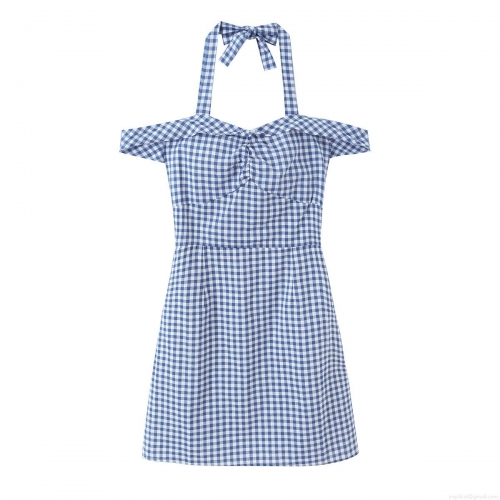 Sweet Blue White Gingham Halter Midi Dress 100% Cotton Bow Tie Off Shoulder Smocked Slim Fit Vacation Sun Dress For Women