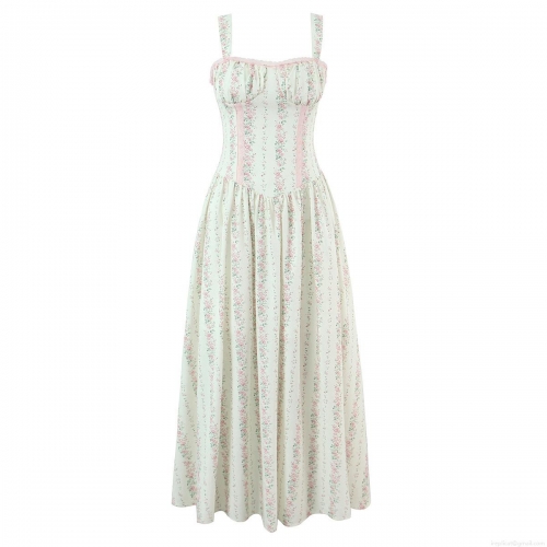 Women's Floral Maxi Dress Sexy Camisole Sweetheart Neck Lace Trim High Waist A-Line Pastoral Long Dress For Summer Party Vacation