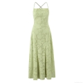 Elegant Women Light Green Floral Jacquard Maxi Dress Sexy Backless Cross Strap Cami Dress High Waist Wedding Party Evening Long Dress