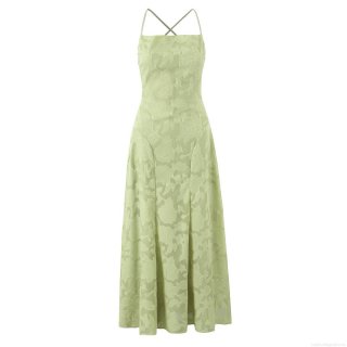 Elegant Women Light Green Floral Jacquard Maxi Dress Sexy Backless Cross Strap Cami Dress High Waist Wedding Party Evening Long Dress
