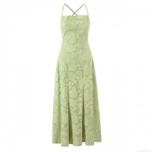 Elegant Women Light Green Floral Jacquard Maxi Dress Sexy Backless Cross Strap Cami Dress High Waist Wedding Party Evening Long Dress