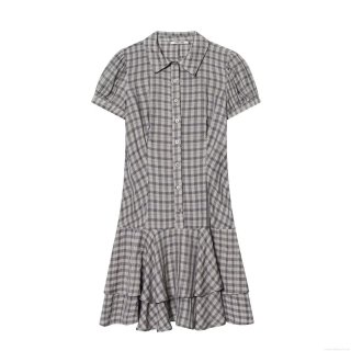 Women's Fashion Grey White Plaid Mini Dress Short Sleeve Layered Ruffle Hem Button Down Shirt Collar Dress Sexy Lolita Style Sweet Girl Party Dress