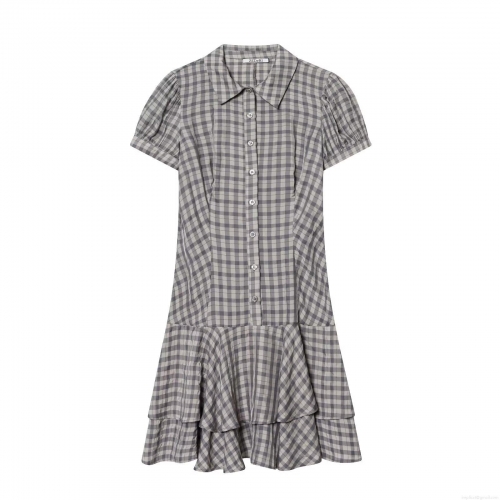 Women's Fashion Grey White Plaid Mini Dress Short Sleeve Layered Ruffle Hem Button Down Shirt Collar Dress Sexy Lolita Style Sweet Girl Party Dress