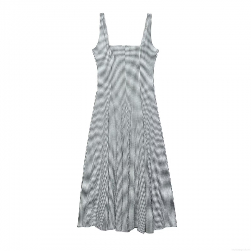 Women's Vintage Gingham Midi Dress Square Neck Sleeveless A-Line Summer Plaid Spaghetti Strap High Waist Backless Casual Fashion Sundress