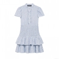 Women's Plaid Smocked Waist Mini Dress Stand Collar Short Sleeve Tiered Ruffle Hem A-Line Dress Casual Summer Holiday Party Sundress