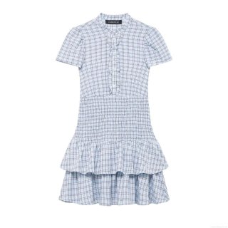 Women's Plaid Smocked Waist Mini Dress Stand Collar Short Sleeve Tiered Ruffle Hem A-Line Dress Casual Summer Holiday Party Sundress