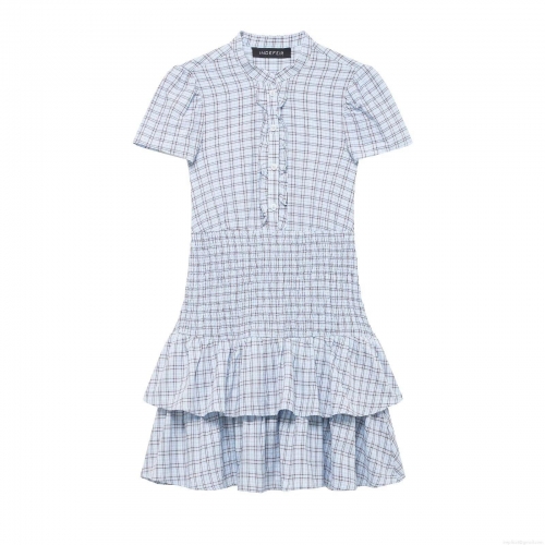 Women's Plaid Smocked Waist Mini Dress Stand Collar Short Sleeve Tiered Ruffle Hem A-Line Dress Casual Summer Holiday Party Sundress