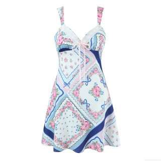 Women's Sexy Floral Print Satin Mini Cami Dress V Neck Lace Trim Spaghetti Strap Pastoral Style Rose Flower Patchwork Summer Dress