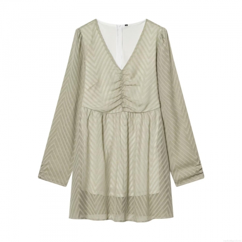 Women's Elegant Sage Green V-Neck Long Sleeve Mini Dress Textured Chevron Jacquard Casual Flowy Short Dress For Spring Daily Dating Lady