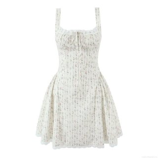 French Vintage Floral Lace Trim Camisole Dress Women Summer Sexy Backless Lace-up Mini A-Line Dress With Bow Sweet Sleeveless Party Dress