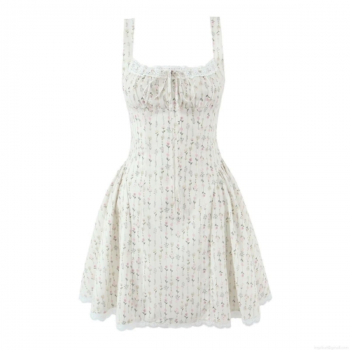 French Vintage Floral Lace Trim Camisole Dress Women Summer Sexy Backless Lace-up Mini A-Line Dress With Bow Sweet Sleeveless Party Dress