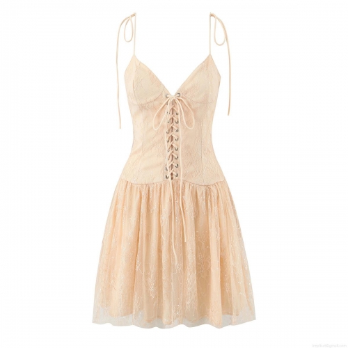 Women's Sexy V Neck Lace Embroidery Mini Dress Polyester Mesh Lace-up Corset Balletcore Backless Layered Short Dress For Party Summer Vacation Women