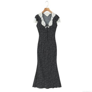 Women's Vintage Black Polka Dot Maxi Dress Elegant White Lace V-Neck Short Sleeve Fishtail Evening Party Dress Summer Sexy Bodycon Dress For Women