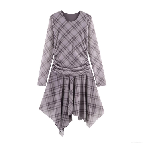 Women's Sexy Purple Grey Plaid Mesh Ruched Mini Dress Crew Neck Long Sleeve Irregular Hem Bodycon Dress For Party Night Out
