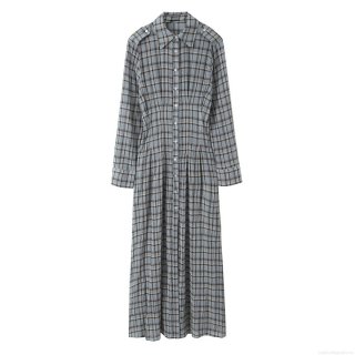 Women Retro Plaid Shirt Dress Long Sleeve Button Down High Waist Fit and Flare Maxi Dress Casual Gingham Long Gown for Spring Autumn