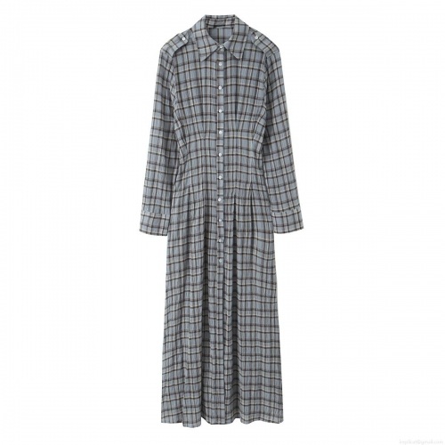 Women Retro Plaid Shirt Dress Long Sleeve Button Down High Waist Fit and Flare Maxi Dress Casual Gingham Long Gown for Spring Autumn