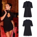 Women's Sexy Black Lace Patchwork Hollow Out Bodycon Mini Dress High Neck Short Sleeve Tight Polyester Lace Clubwear Party Dress