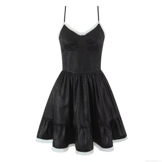 Women's Lolita Style Spaghetti Strap Mini Dress Black White Ruffle Trim Textured Puffy Skirt V-Neck Sleeveless Party Dress For Summer Women