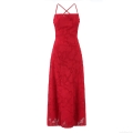 Women Sexy Red Rose Burnout Floral Maxi Dress Elegant Backless Lace-up Spaghetti Strap Party Evening Wedding Guest Dress Polyester Gown