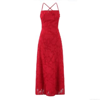 Women Sexy Red Rose Burnout Floral Maxi Dress Elegant Backless Lace-up Spaghetti Strap Party Evening Wedding Guest Dress Polyester Gown