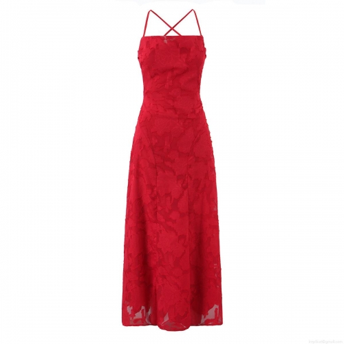 Women Sexy Red Rose Burnout Floral Maxi Dress Elegant Backless Lace-up Spaghetti Strap Party Evening Wedding Guest Dress Polyester Gown