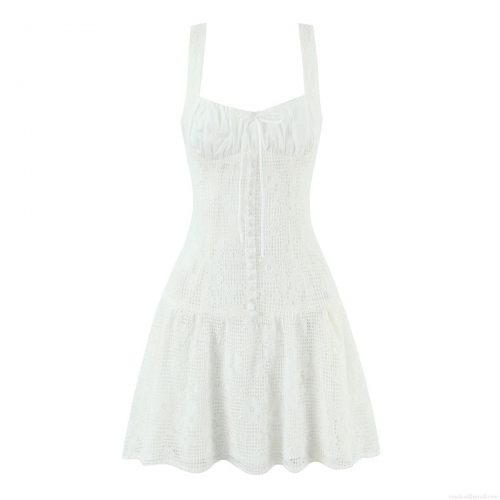 Women White Lace Mini Dress With Bow Tie Strap Sleeveless V Neck Back Zipper A-Line Party Sundress For Ladies Sexy Sweet Lolita Style Summer Dress