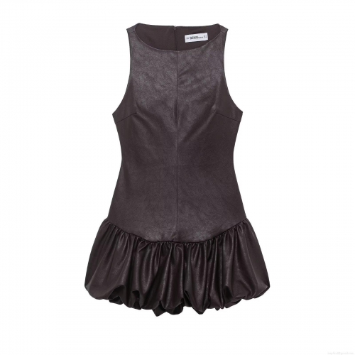 Women's Sexy PU Leather Effect Sleeveless Mini Dress Fashion Solid Color High Waist Puffy Skirt Party Clubwear Dress for Women