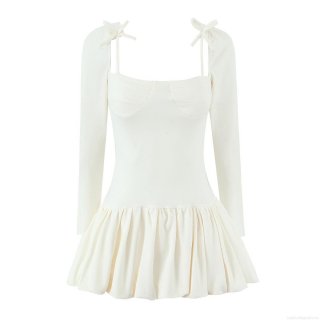 Women Balletcore Square Neck Mini Dress Long Sleeve Pleated Puffy Skirt Bow Straps Sweet Solid Color Slim Fit Short Dress for Party Club