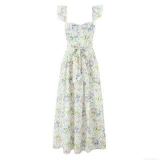 Women's French Pastoral Floral Print Maxi Dress Ruffle Straps Bow Tie Waist Sleeveless Smocked Back Summer Vacation Beach Long Dress