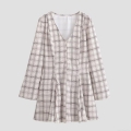 Women's V-Neck Plaid Long Sleeve Mini Dress Sexy High Waist A-Line Checked Ruffle Dress Casual Party Fashion Clothing Elegant Outfits